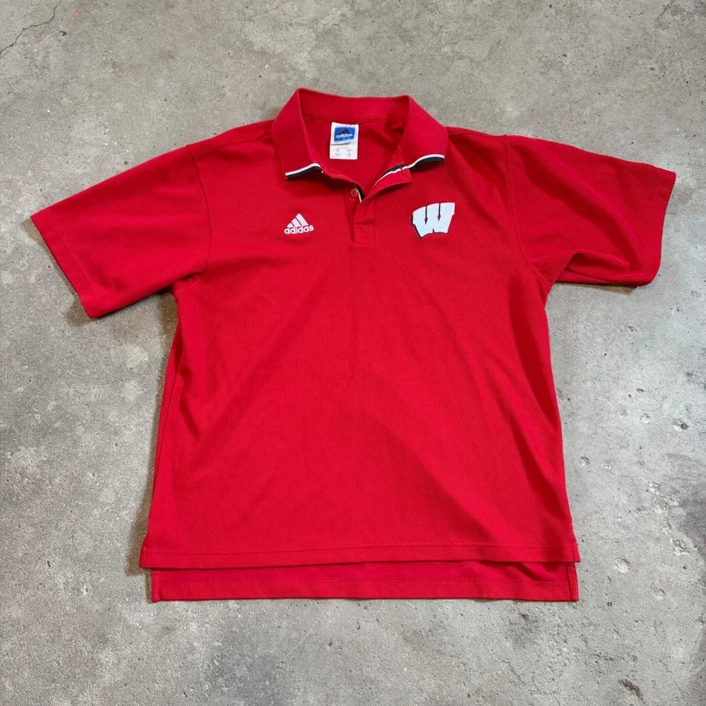 Adidas Polo Shirt Men M Red Wisconsin Badgers NCAA Collegiate Embroidered Logo